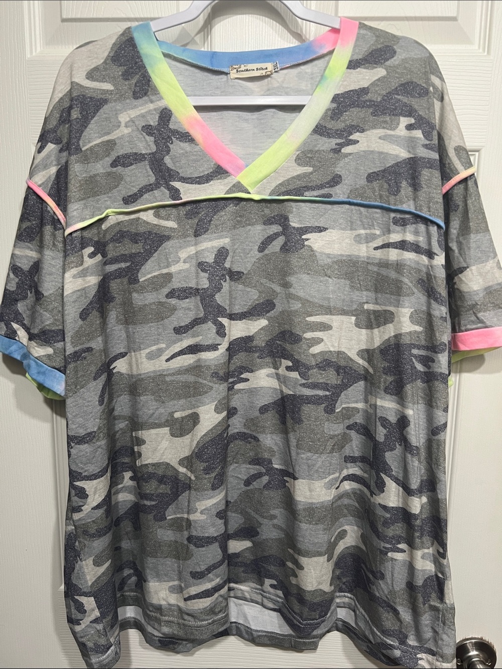 Southern Stitch Camo Print V-Neck Tee with Neon Trim